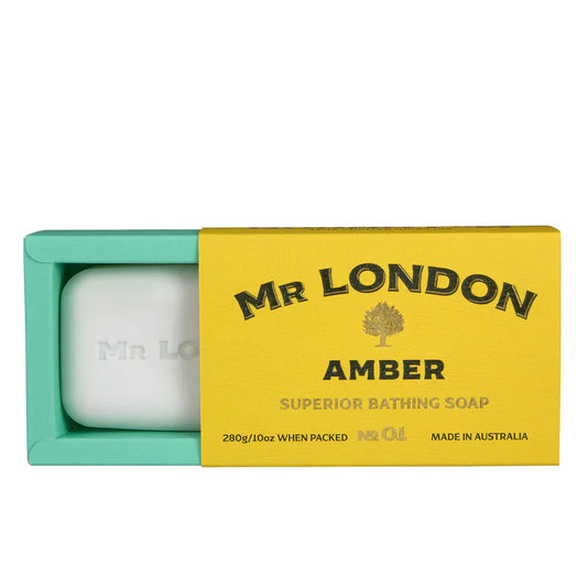 Mr London Amber No 01 Bathing Soap for Men by Pasteur Pharmacy, 280g, with a sleek soap bar and packaging.