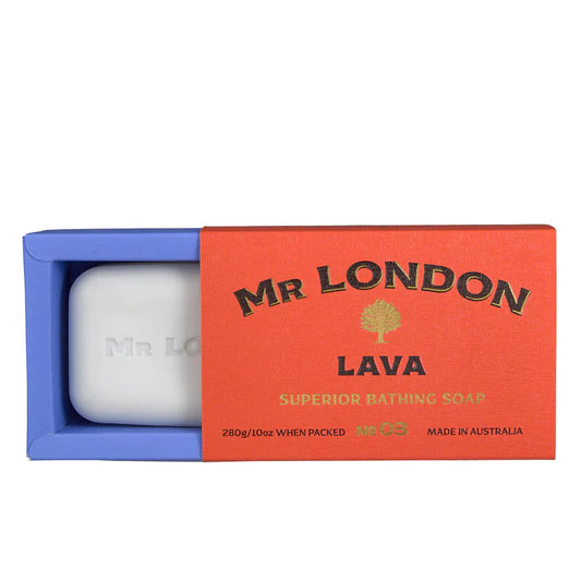 Mr London Lava No 03 men's bath soap by Pasteur Pharmacy, 280g/10oz, with a textured soap bar and packaging.