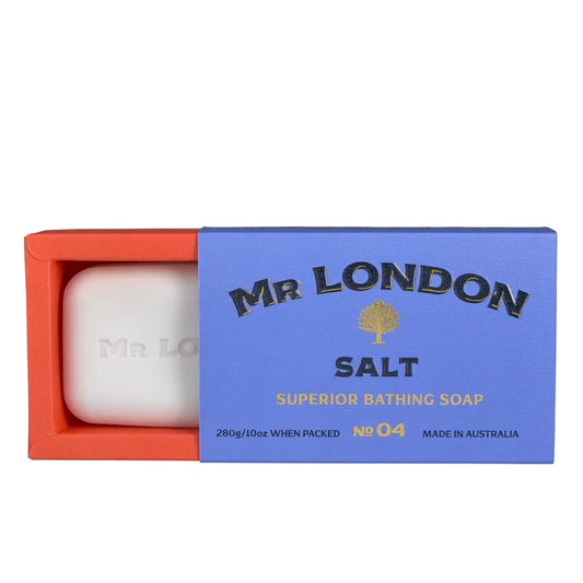 Mr London Salt No 04 superior men's bath soap by Pasteur Pharmacy, 280g/10oz, with textured soap bar and packaging.