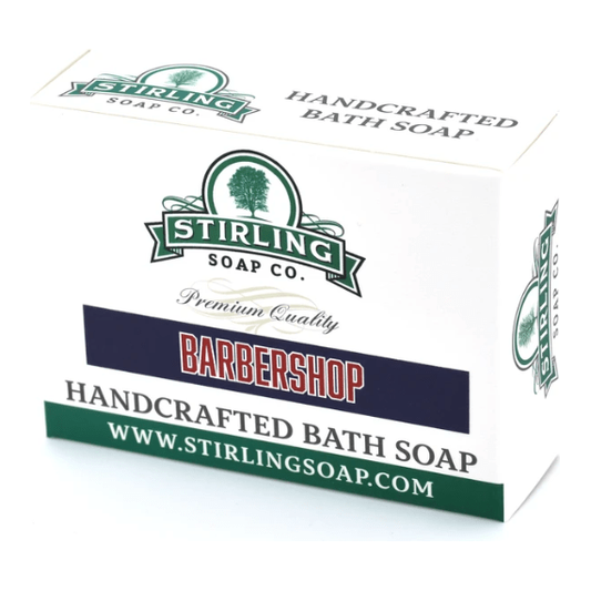 Pasteur Pharmacy Stirling Soap Co. Barbershop Bath Soap bar, 5.5 oz, with rustic packaging and classic barbershop branding.