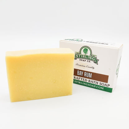 Stirling Soap Co. Bay Rum Bath Soap in 5.5 oz, natural soap bar with a rich bay rum scent, designed for a soothing bath experience.