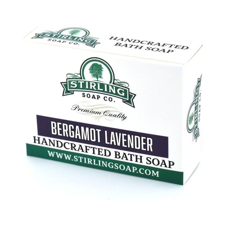 Bergamot Lavender Bath Soap by Stirling Soap Co. in a 5.5 oz bar, with a purple and white soap, showcasing natural ingredients.