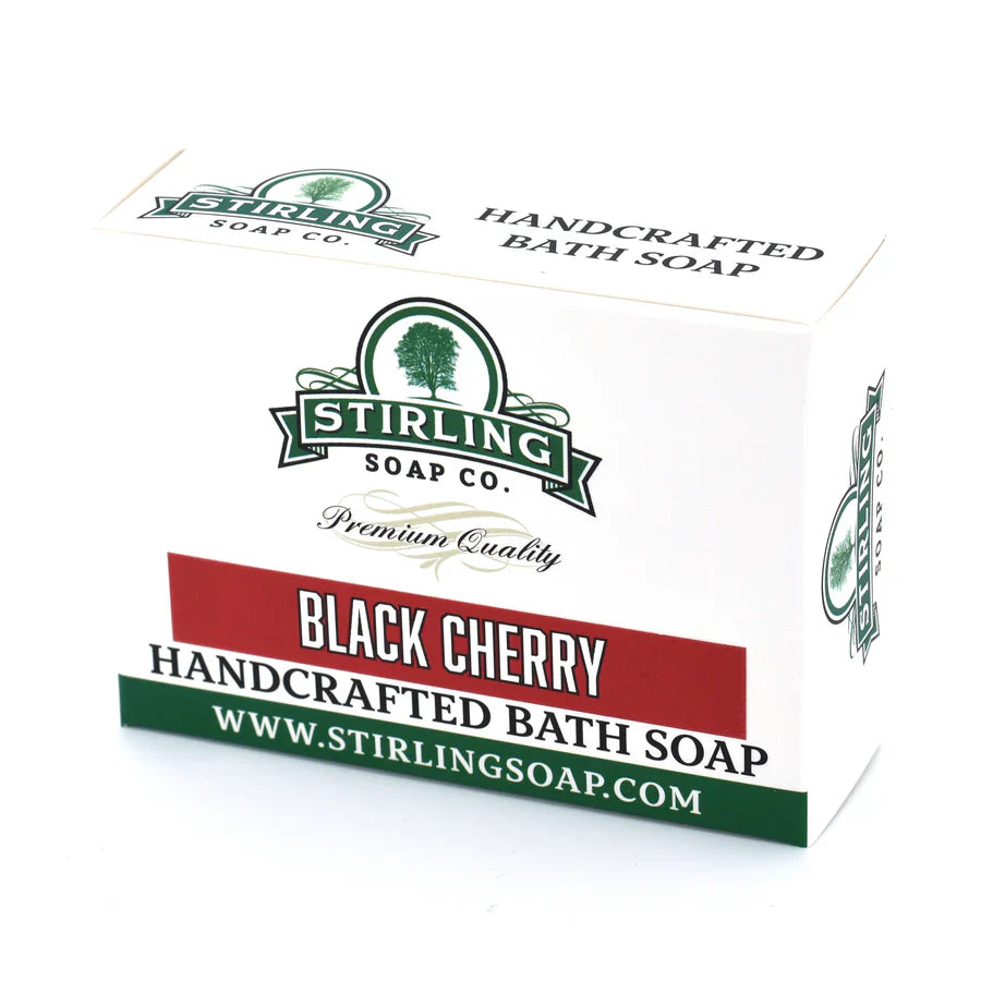 Black Cherry Bath Soap by Stirling Soap Co., 5.5 oz, showing a bar with a dark cherry scent and elegant packaging.