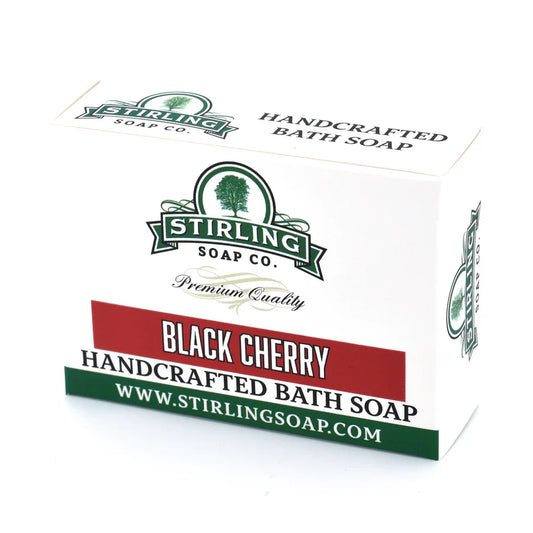 Black Cherry Bath Soap by Stirling Soap Co., 5.5 oz, showing a bar with a dark cherry scent and elegant packaging.