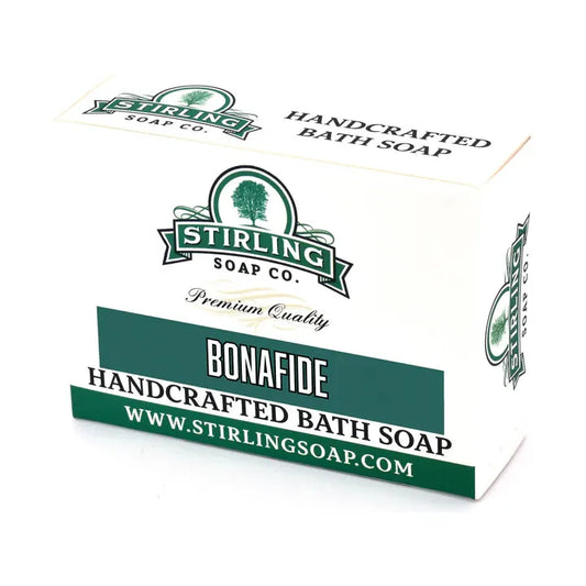 Stirling Soap Co. Bonafide Bath Soap in 5.5 oz with creamy lather, displayed in a soap dish, showcasing natural ingredients and classic packaging.