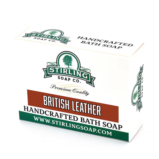 Pasteur Pharmacy British Leather Bath Soap by Stirling Soap Co., 5.5 oz, with textured leather-inspired design.