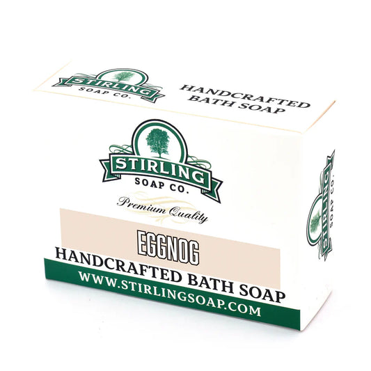 Stirling Soap Co. Eggnog Bath Soap in a 5.5 oz bar, creamy soap with festive eggnog scent, displayed in a natural setting