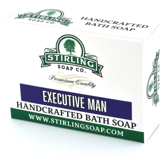 Stirling Soap Co. Executive Man bath soap bar, 5.5 oz, with a sleek packaging design and natural ingredients visible.