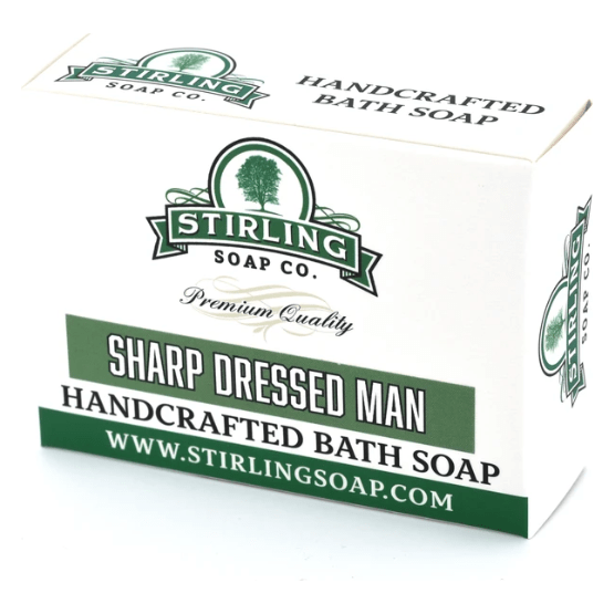 Stirling Soap Co. Sharp Dressed Man bath soap bar, 5.5 oz, with masculine packaging and textured soap surface.