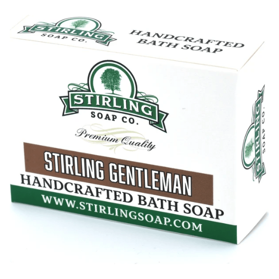 Stirling Soap Co. Gentleman Bath Soap 5.5 oz with creamy lather and masculine scent, displayed in a white soap bar.