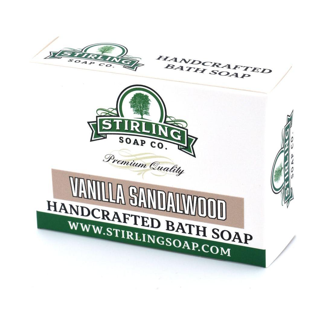 Stirling Soap Co. Vanilla Sandalwood bath soap bar with creamy lather and vanilla-sandalwood scent, 5.5 oz, on a neutral background.