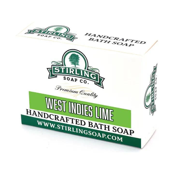 Stirling Soap Co. West Indies Lime bath soap bar with fresh lime scent, displayed on a neutral background.