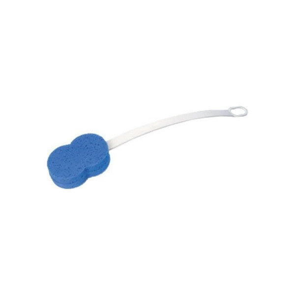 Essential Medical Supply hourglass bath sponge with angled handle, perfect for gentle cleansing and easy reach during bath routines.