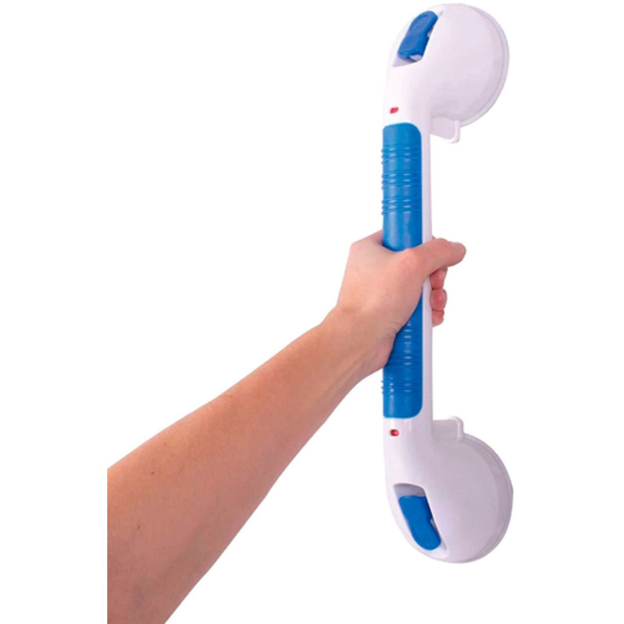 White and blue 16-inch Carex Ultra Grip Xtra suction grab bar, bathroom safety rail with no-tools installation, by Pasteur Pharmacy