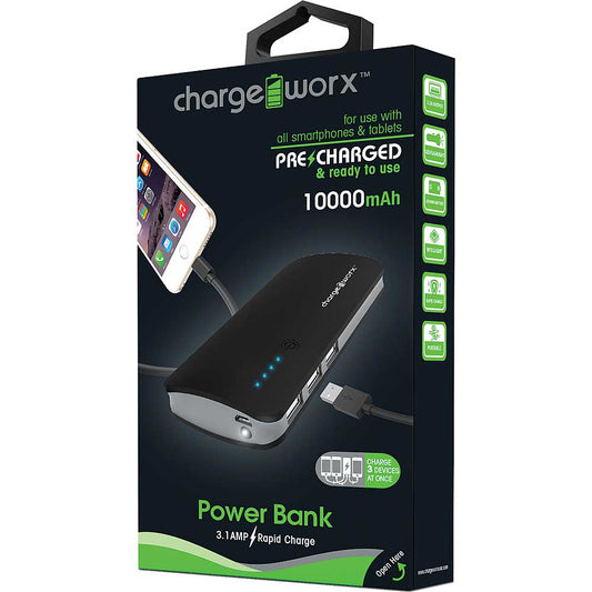 ChargeWorx CX6740 10000mAh portable power bank with triple USB ports, designed for reliable mobile device charging.