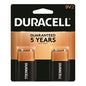 Duracell Coppertop 9V alkaline batteries, 2-pack, standard size, with black and copper-colored packaging.