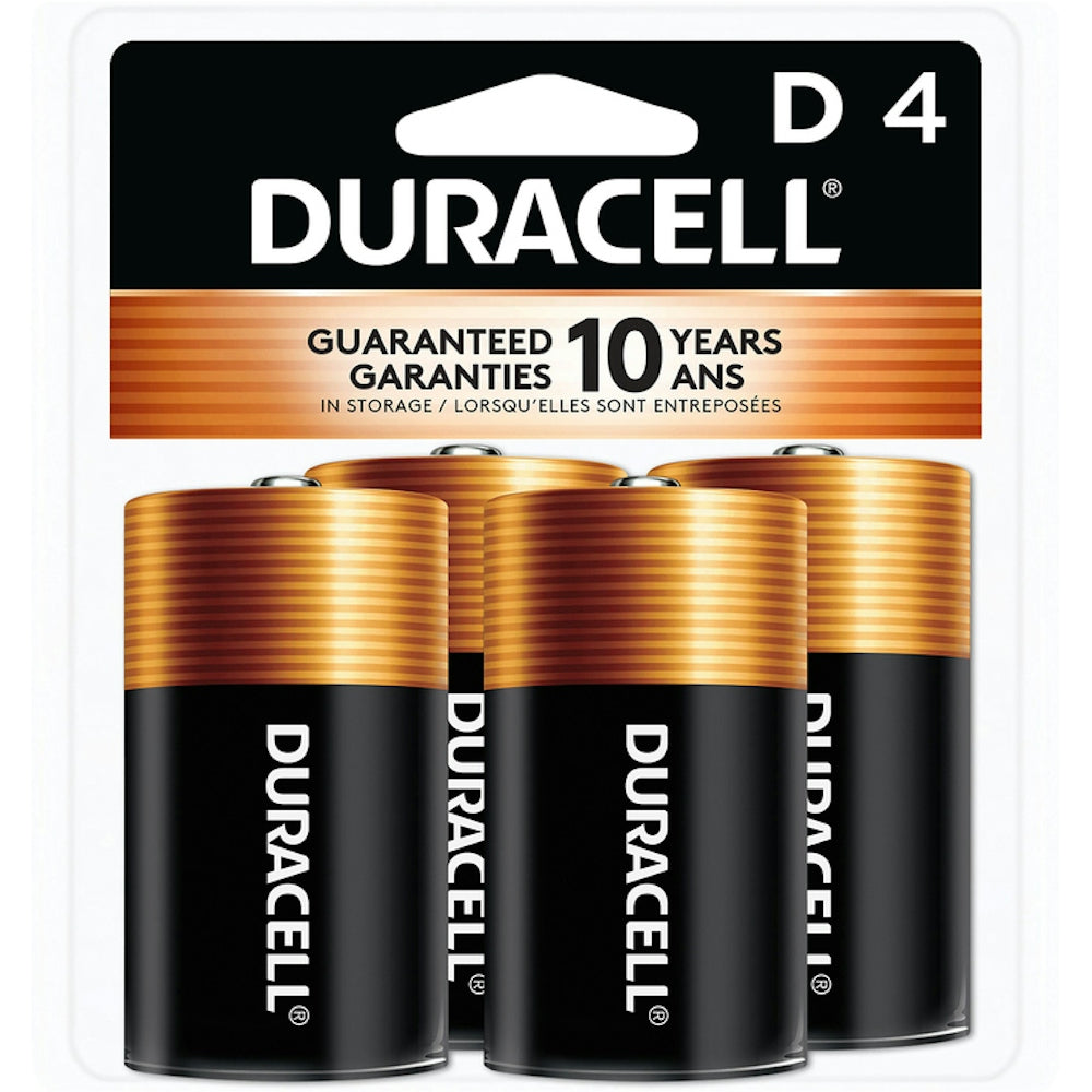 Duracell Coppertop D alkaline batteries in a 4-pack, shown with silver and copper-colored casings, designed for household devices.