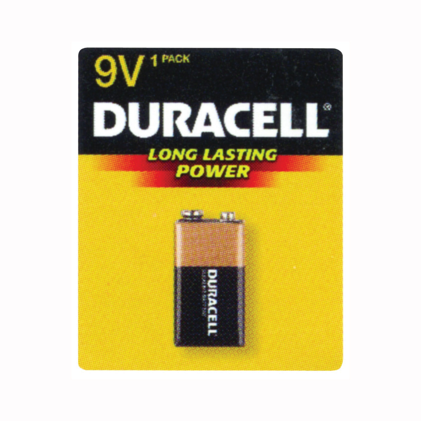 Duracell Coppertop 9V alkaline battery, MN1604BZ, shown with metal terminals and label, suitable for household devices.