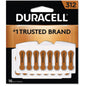 Duracell Size 312 hearing aid batteries with easy-fit tab, 16-pack by Pasteur Pharmacy, shown in a clear image.