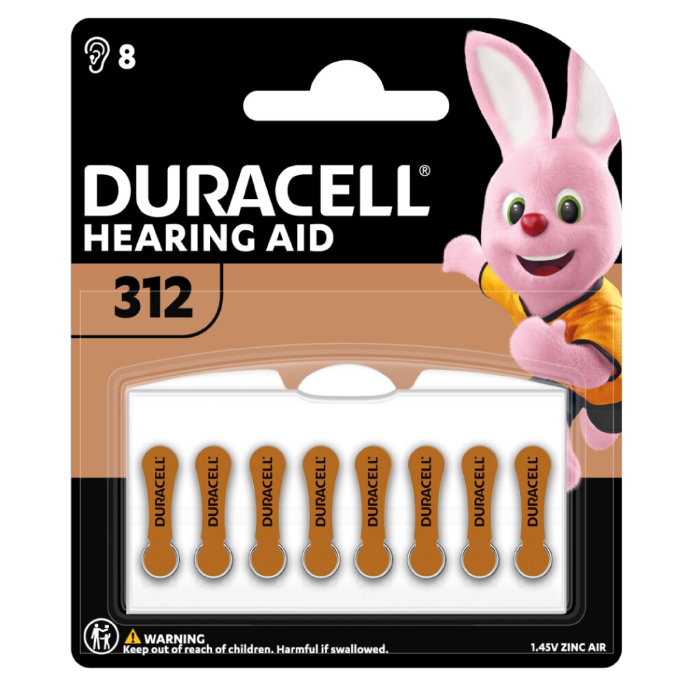 Duracell Zinc Air 312 1.5V hearing aid battery, small cylindrical battery with orange label, designed for hearing aids.