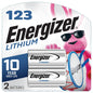 Energizer 2-pack 123 lithium photo batteries, small cylindrical batteries suitable for cameras and photo devices.