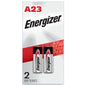 Energizer Alkaline Batteries A23, 2-pack, small cylindrical batteries for electronic devices, shown in a retail package.