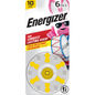 Energizer Size 10 Hearing Aid Batteries with yellow tab in a 6-pack, designed for reliable power and long-lasting performance.