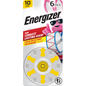 Energizer hearing aid batteries, size 10 with yellow tab, in a 6-pack, designed for reliable audio support and long-lasting power.