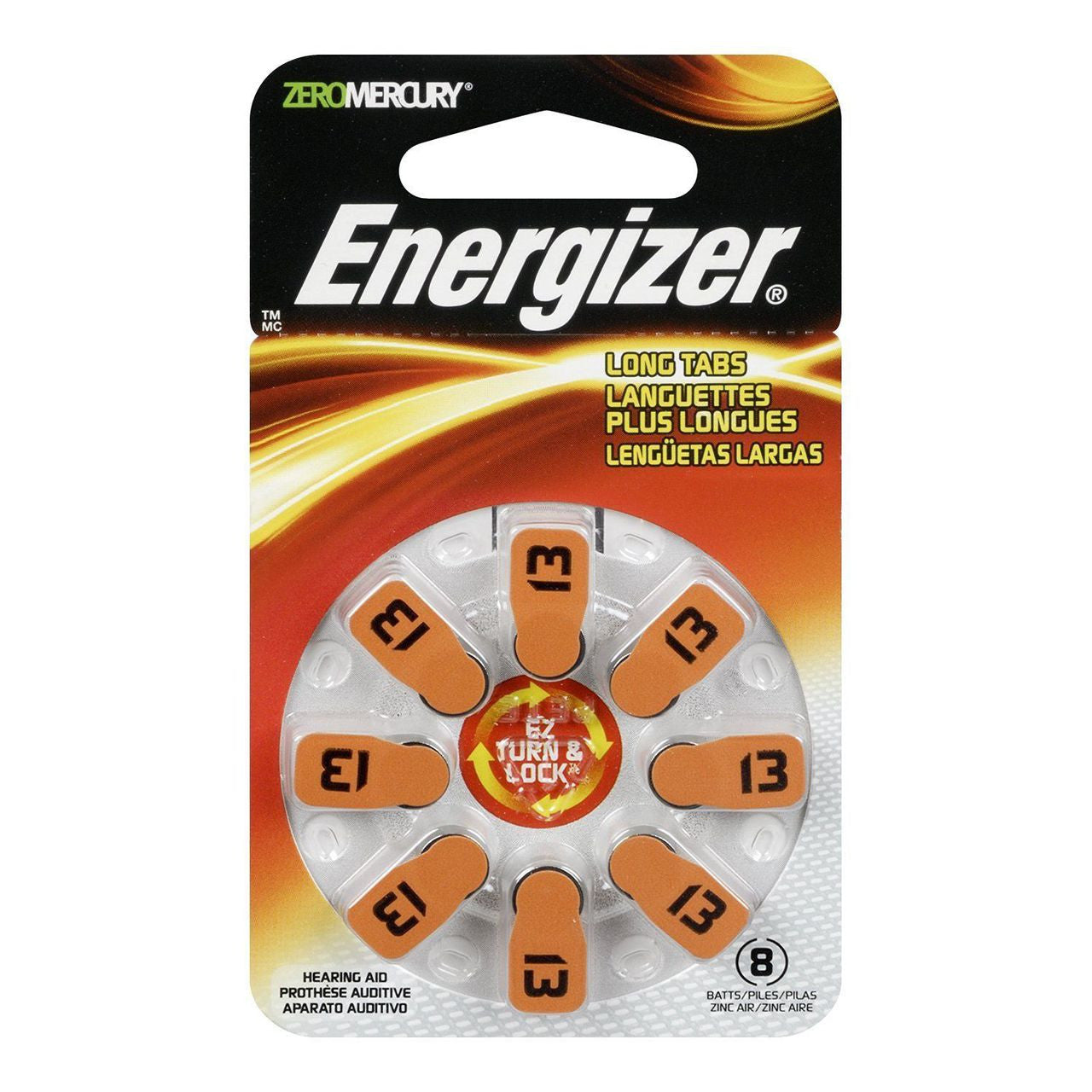 Energizer Size 13 hearing aid batteries with orange tab, compact batteries for hearing aids, in a transparent container.