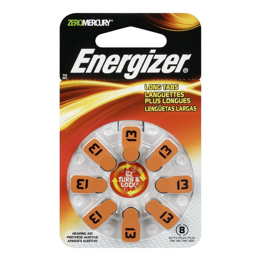 Energizer Size 13 hearing aid batteries with orange tab, compact batteries for hearing aids, in a transparent container.