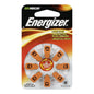 Energizer Size 13 hearing aid batteries with orange tab, compact batteries for hearing aids, in a transparent container.
