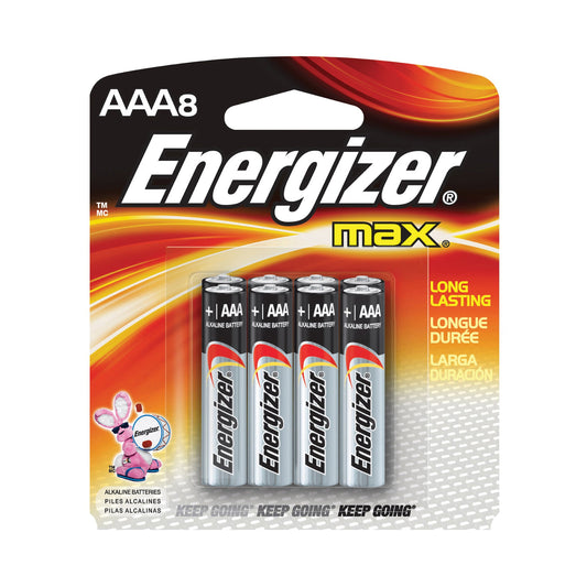 Energizer Max 8-pack AAA 1.5V alkaline batteries with silver and black design, ideal for household electronic devices.