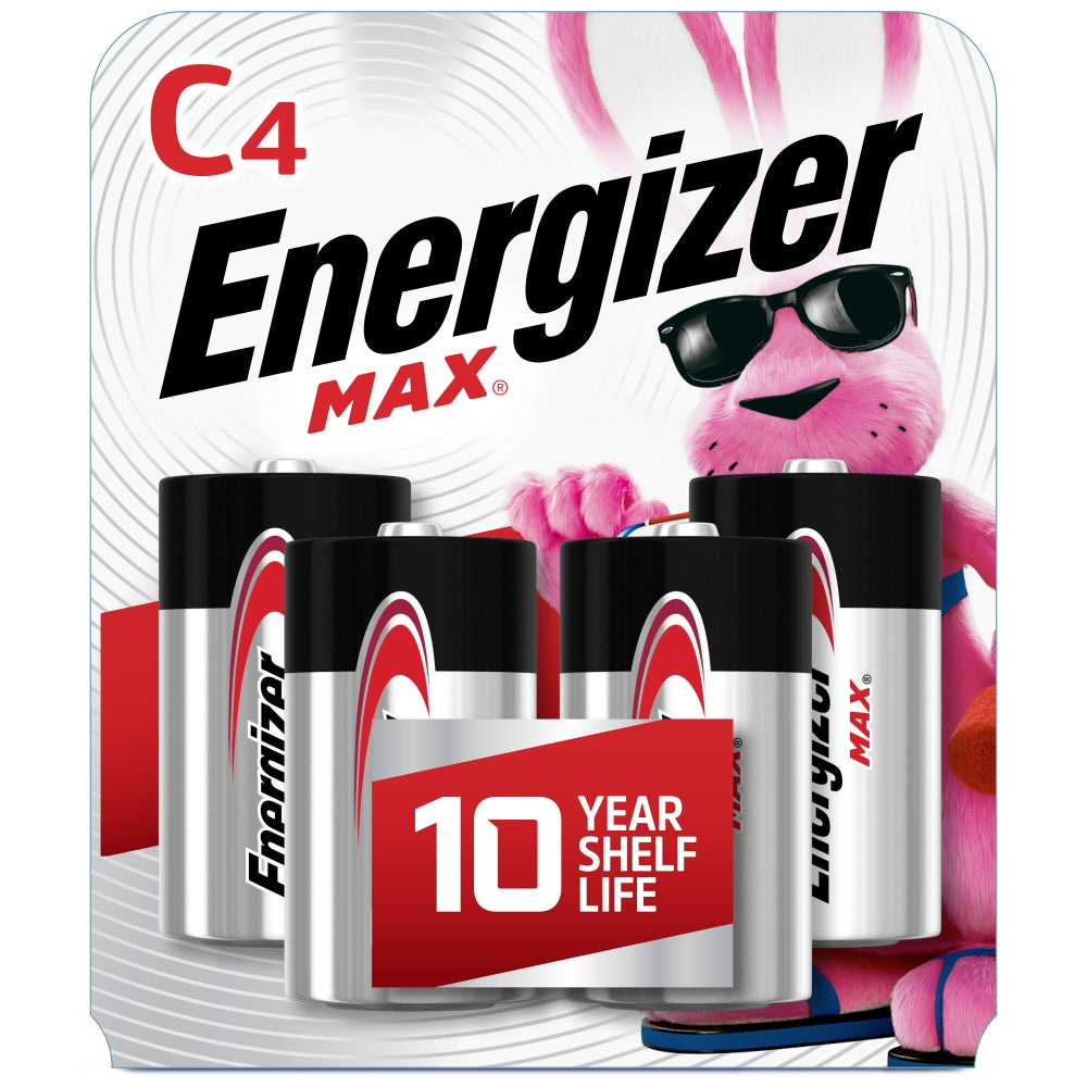 Energizer Max Premium C alkaline batteries, 4-pack, with silver and black casing, designed for reliable power in household devices.