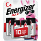Energizer Max Premium C alkaline batteries, 4-pack, with silver and black casing, designed for reliable power in household devices.