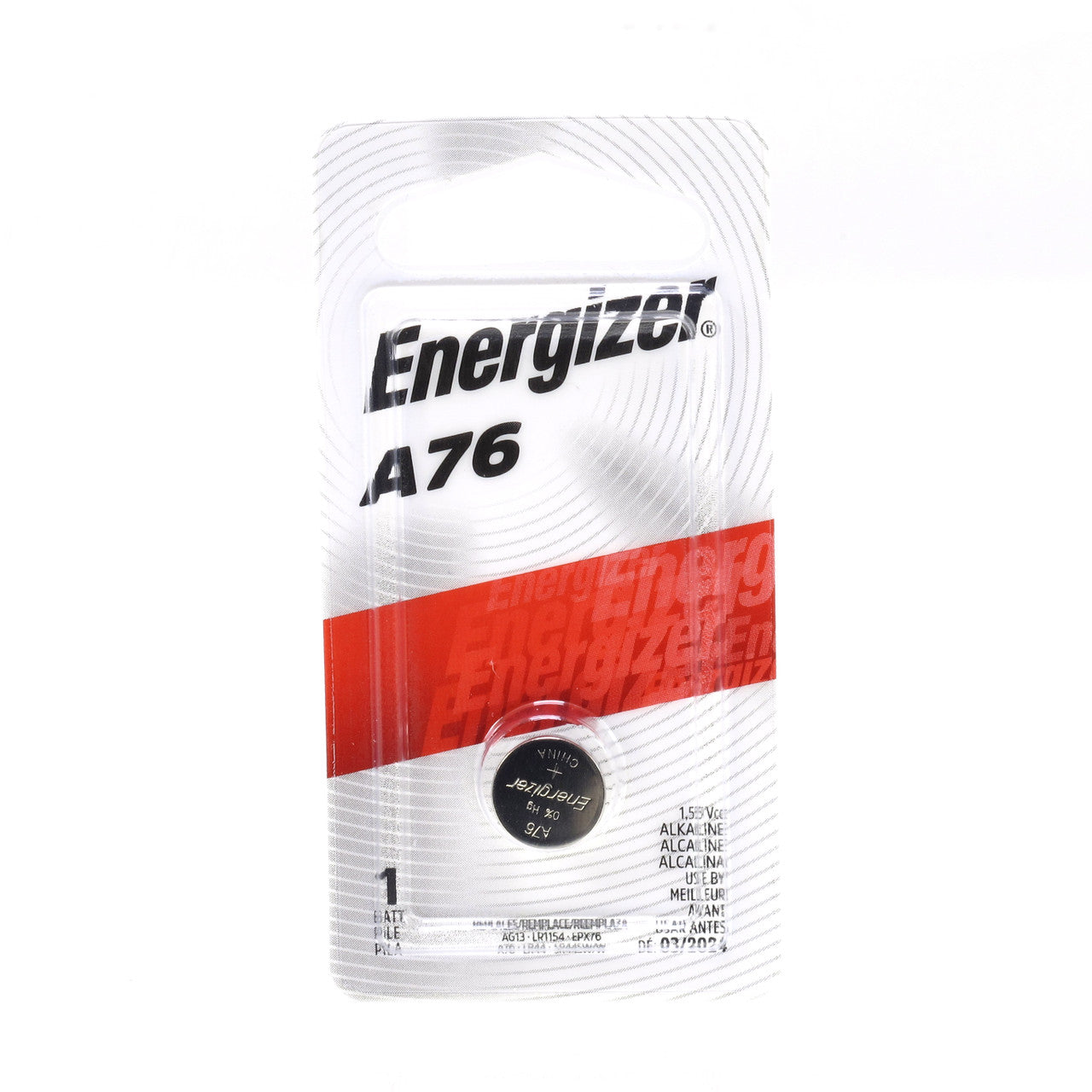 Energizer Miniature Alkaline Button Battery A76, small round battery for watches and devices, shown in close-up.