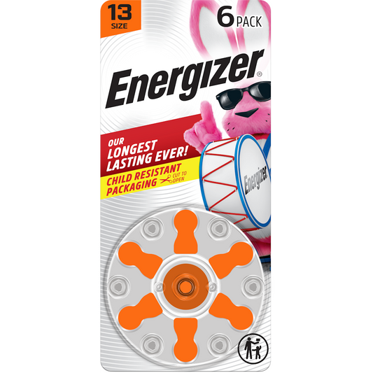 Energizer Size 13 hearing aid batteries displayed in packaging, designed for use in hearing aids.