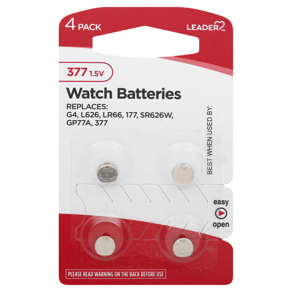 Pack of four Leader 377 SR626SW silver oxide watch batteries, long-lasting 1.55V button cell from Pasteur Pharmacy.