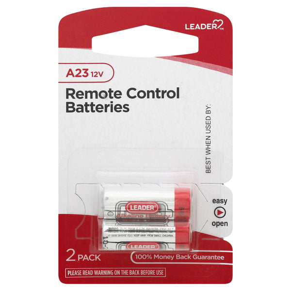 Two Leader Battery A23 12V alkaline batteries for remote controls, featuring high performance and reliable power.