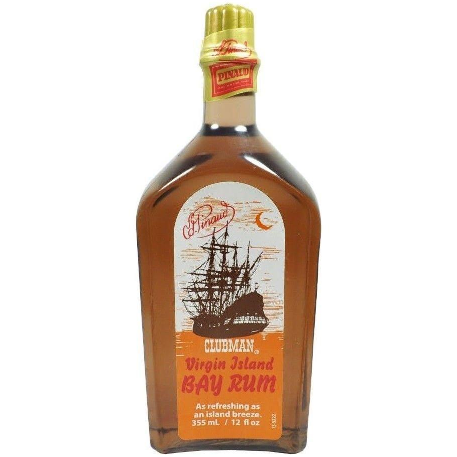 Pinaud Clubman Virgin Island Bay Rum 12 oz bottle with label and cap, used for grooming and aftershave purposes.