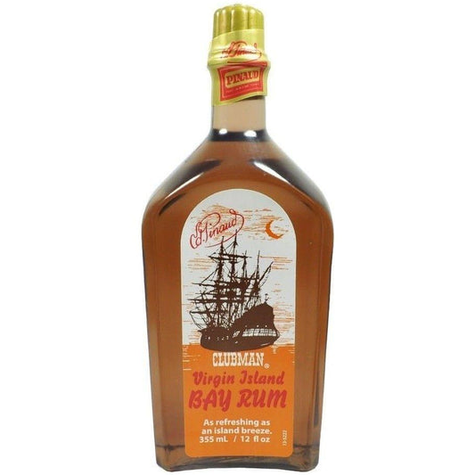 Pinaud Clubman Virgin Island Bay Rum 12 oz bottle with label and cap, used for grooming and aftershave purposes.