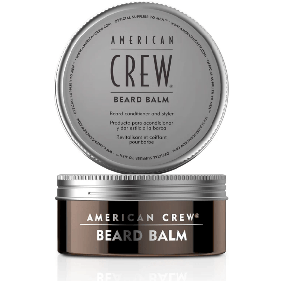 American Crew Beard Balm in a 2.1 oz jar, featuring natural ingredients for conditioning and shaping men's beards.
