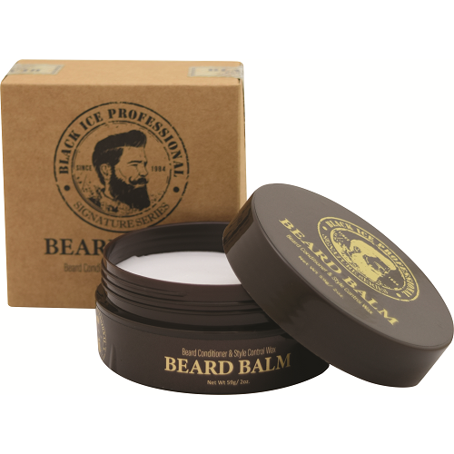 BlackIce Beard Balm by Pasteur Pharmacy in a 2 oz container, featuring a black and silver packaging with a twist-off lid.