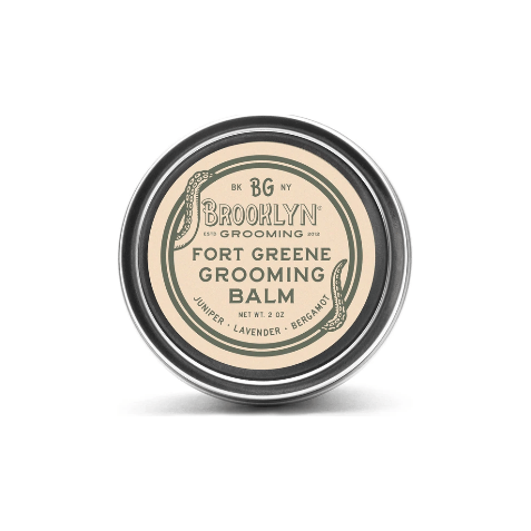 Brooklyn Grooming Fort Greene Beard Balm by Pasteur Pharmacy in 2oz tin, featuring natural ingredients for beard care and styling.