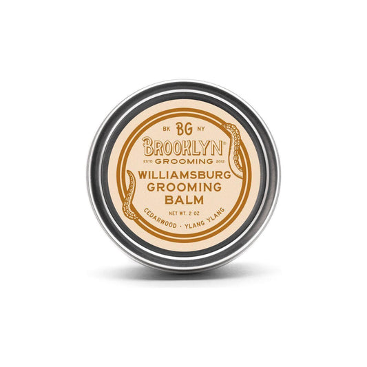 Brooklyn Grooming Williamsburg Beard Balm from Pasteur Pharmacy, 2oz jar of natural beard styling product with label visible.