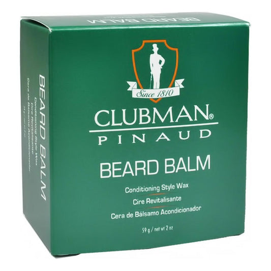 Clubman Pinaud Beard Balm 2 Oz in a container, designed to condition and style beards with natural ingredients.