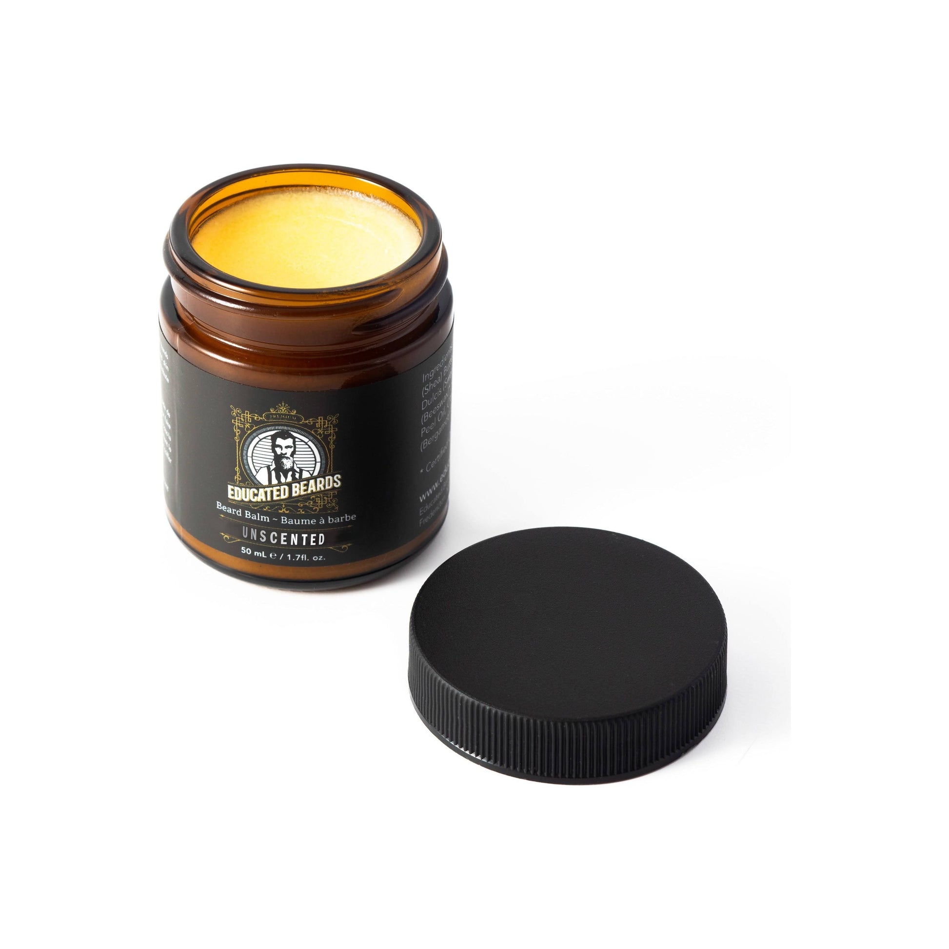 Unscented beard balm in a 50ml jar by Educated Beards, designed to nourish and style men's beards naturally.