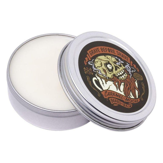 Pasteur Pharmacy Grave Before Shave Beard Balm in Caramel Mocha flavor, 2 oz tin, with a smooth, creamy texture and branded label.