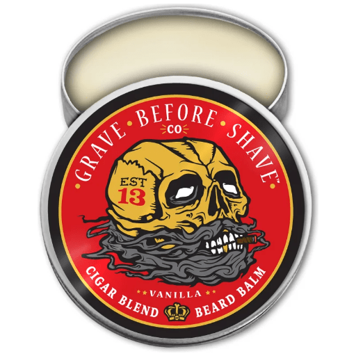 Pasteur Pharmacy Grave Before Shave Cigar Blend Beard Balm with vanilla scent in 2 oz jar, showcasing the grooming product.