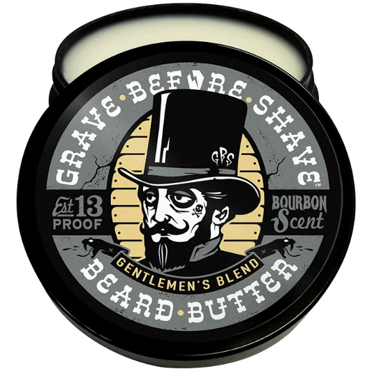 Pasteur Pharmacy Grave Before Shave Gentlemen's Blend Beard Balm with bourbon scent, 2 oz, featuring a creamy texture and grooming benefits.