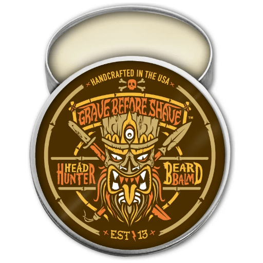 Pasteur Pharmacy Grave Before Shave Head Hunter beard balm with tropical summer aroma, 2 oz, for styling and conditioning beards.